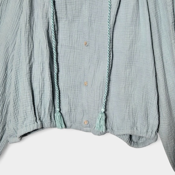 Cato Gauze Cotton Boho Tassel Button Blouse Blue 22/24W Plus Size Beach Coastal - Picture 3 of 9